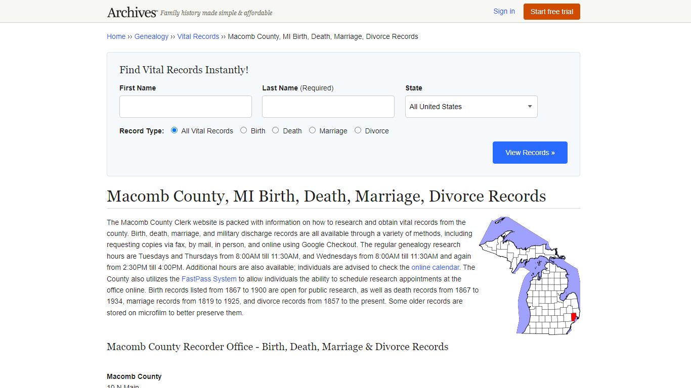 Macomb County, MI Birth, Death, Marriage, Divorce Records